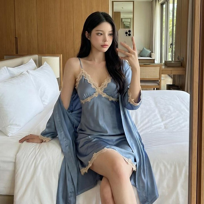 말랑마쥬 로제 레이스슬립 실크 원피스 로브가운세트 잠옷