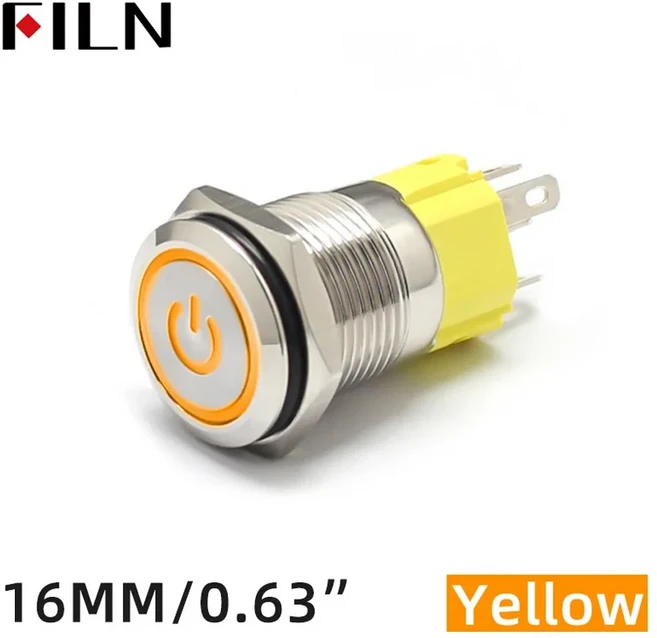 FILN 16mm 금속 푸시 버튼 스테인레스 스틸 스위치 전원 기호 방수 LED 표시기 시작 중지 켜기 끄기, 01 latching, 02 Yellow, 02 12V-24V
