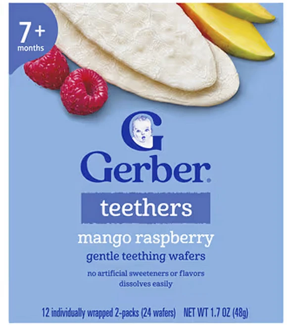 거버 아기용 스낵 티더 부드러운 치아 발육 웨이퍼 7개월 이상 개별 포장 2팩 12개 각 4g(0.14oz), 망고 라즈베리, 48g, 1개 - 쿠팡