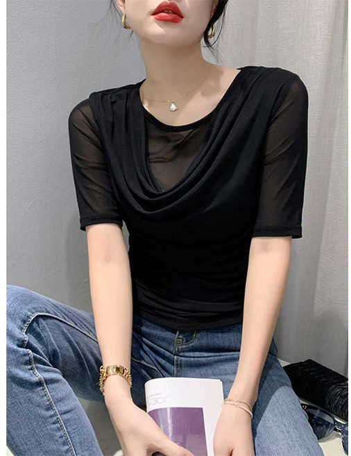 댄스스포츠복 여성용 터틀넥 티셔츠 스판 망사 티셔츠 + Women's T-shirt