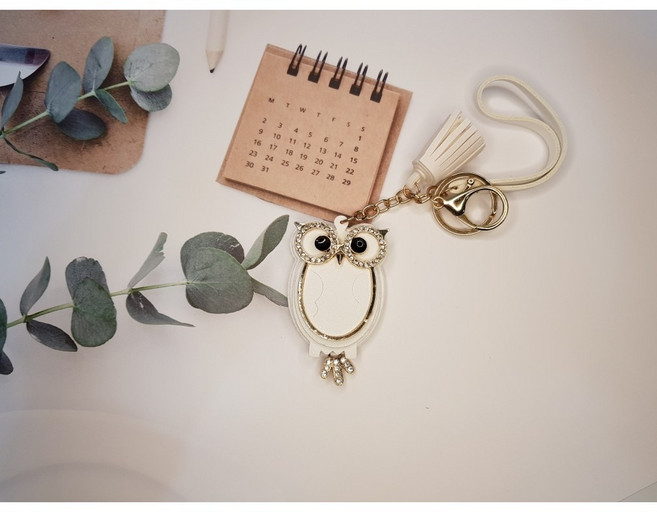 이현아트 블링블링 부엉이 가죽 키홀더, 화이트, 1개