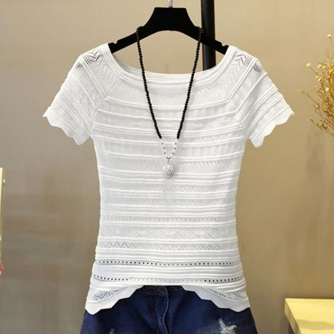 ROYALBELLE 여성 보트넥 반팔 슬림핏 얇은 펀칭 레이온 크롭 니트 티셔츠 K0030114