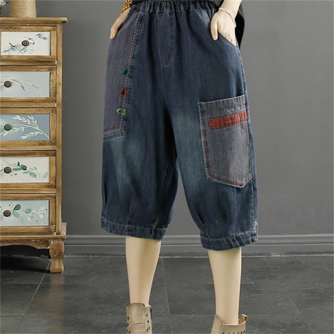 AOKADA 여성 배기 청반바지 밴딩 자수 포켓 패치워크 데님 팬츠 여름 5부