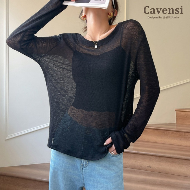 Cavensi 透視網紗上衣 中大尺碼長袖罩衫, 百搭黑色,加大碼（建議60~80公斤）