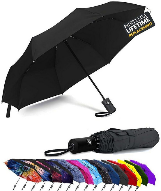 MRTLLOA 106.7cm(42/49인치) 컴팩트 방풍 여행용 우산 비 경량 휴대용 튼튼한 접이식 우산 여성 및 남성용 (106.7cm(42인치) 블랙)