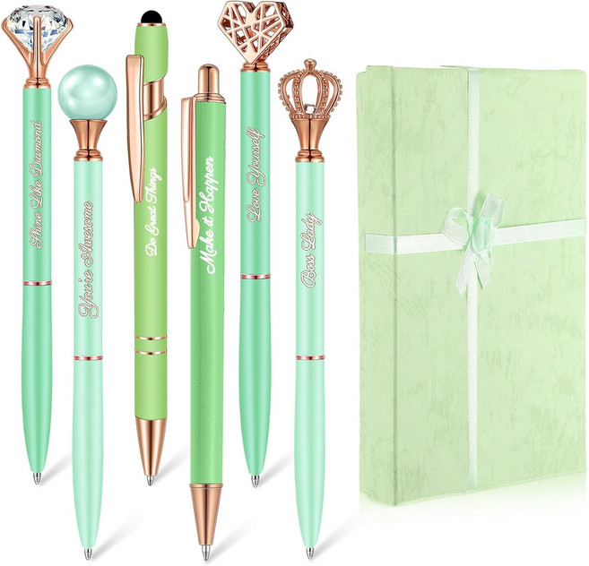 예쁜 글리터 볼펜과 상자에 영감을 주는 선물을 담은 여성용 크리스털 다이아몬드 펜 6개 여자 대학생 귀여운 복학 선물그린