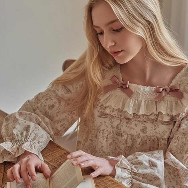 루비앤 코튼 유럽풍잠옷 편안한 소재 리본 긴팔 긴바지 홈웨어 잠옷 상하셋트