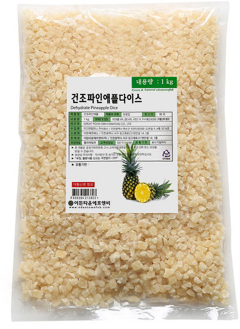 이든 파인애플다이스 1kg 열대과일 건과일 파인애플분태 빙수 까페 베이킹 간식 주전부리, 1개