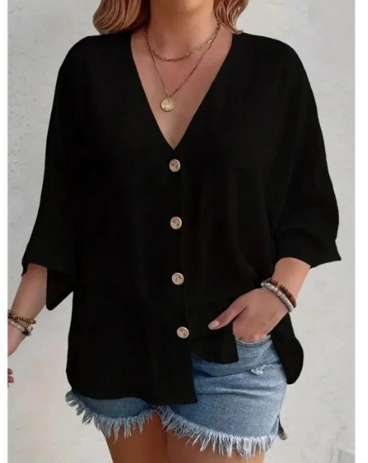 【大碼顯瘦】V領開衫 T恤 女裝 上衣 針織衫 打底衫 棉麻寬鬆 紐扣裝飾 休閒百搭 歐美風 春夏外搭