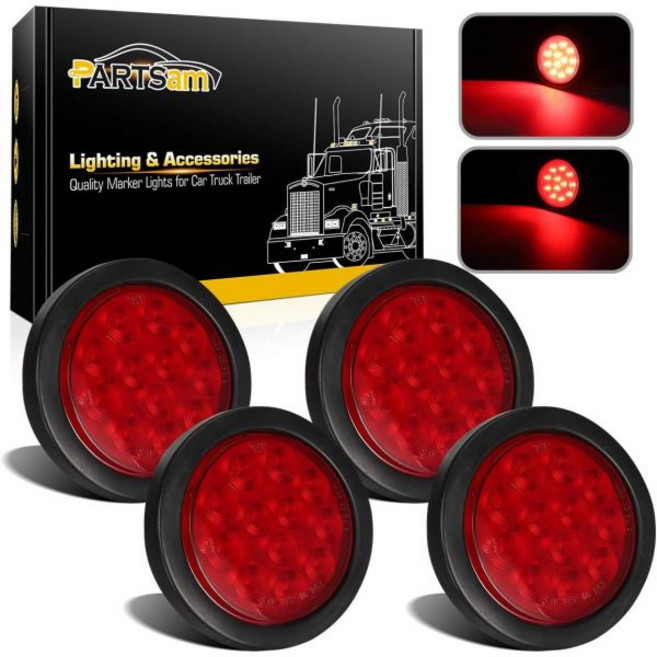 Partsam 4Pcs 4인치 원형 LED 트레일러 테일 라이트 키트 레드 12 방수 4 브레이크 스톱 턴 마커 트럭 RV 보트 UTE UTV 12V 그로밋 플러그용 밀폐형 플러시, 4Pcs 4" Red