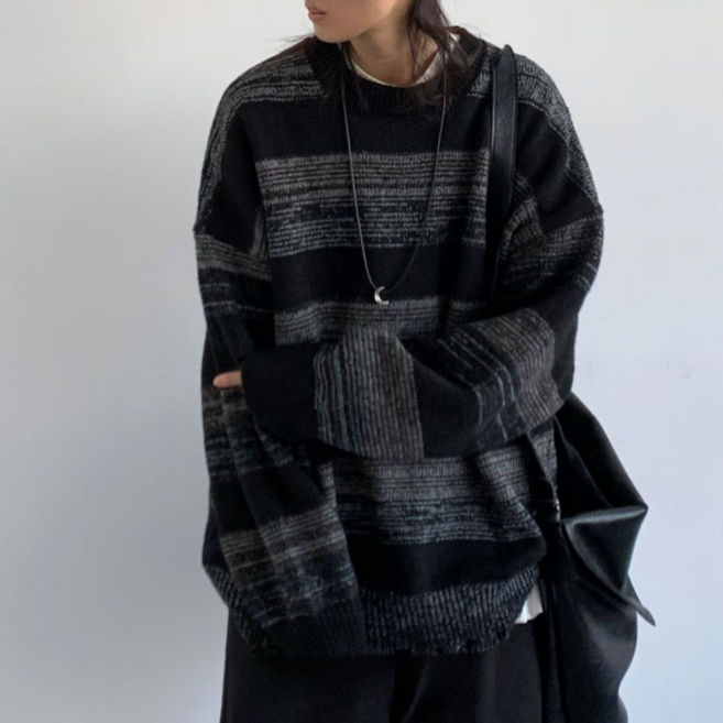 Makone 남성 라운드넥 루즈핏 스트라이프 캐주얼 니트 티셔츠 패션 커플