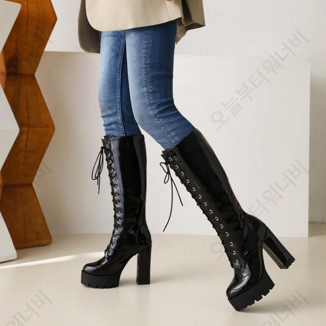 (220-265)여성 키높이 슬림 애나멜 가죽 레이스업 가보시 롱부츠 청키힐 11.5cm 블랙 레드 화이트