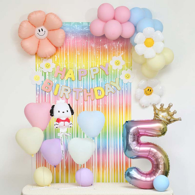 [피앤비유니티]스마일데이지 풍선스탠드 생일장식커튼세트 펌프포함, 1세트, 31-5)포차코 마카롱커튼세트 5