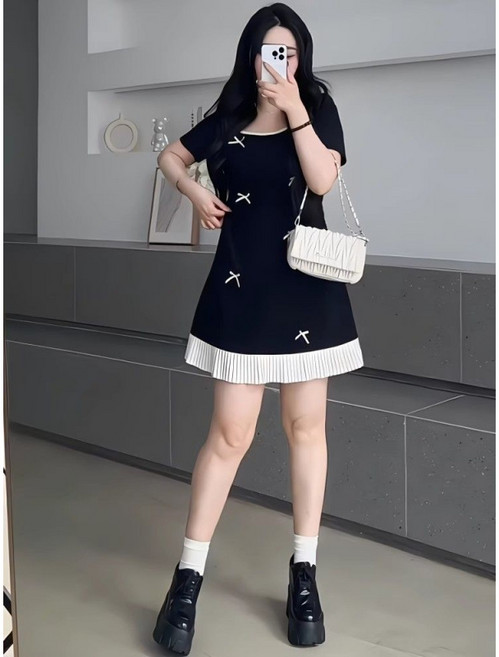 유니픽 여성 여름 클래식 버튼 배색 원피스 사랑스러운 리본 장식 A라인 원피스wbr