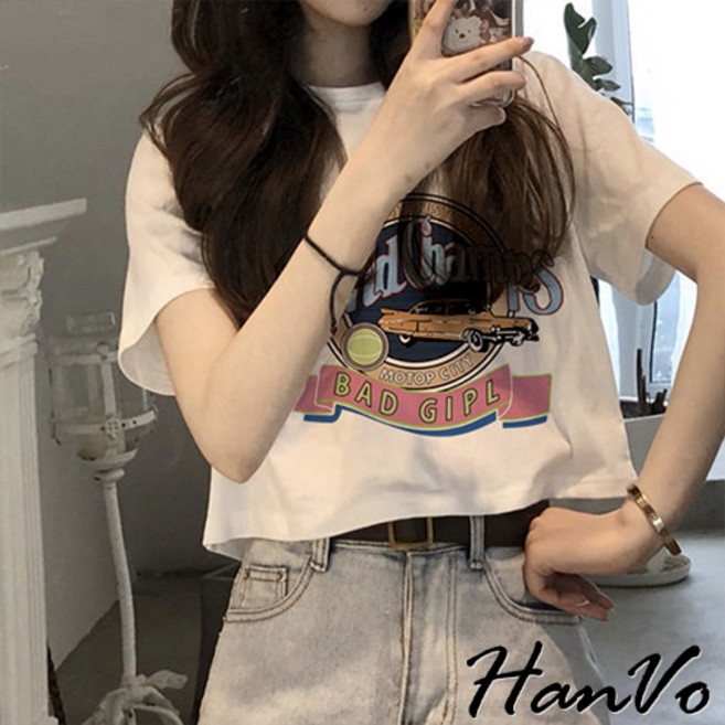 HanVo 大膽跳色英文字母老爺車T恤 - 韓版休閒百搭顯瘦圓領短袖上衣 韓系女裝