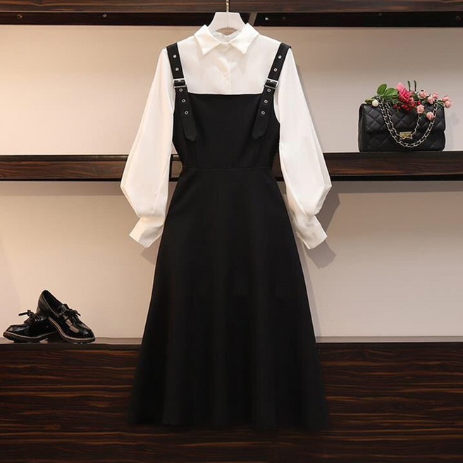 ORZQU 여성 봄가을 투피스 카라넥 긴팔 셔츠+멜빵 원피스 캐주얼 빅사이즈 세트 (M~4XL)
