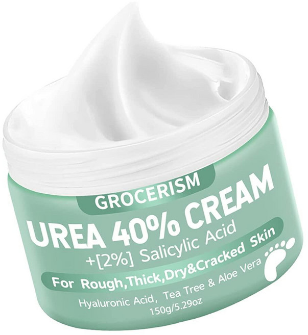 Grocerism 우레아 크림 40% 발 플러스 2% 살리실산 150g(5.3온스) || 풋 및 핸드 최대 강도 히알루론산 티트리 알로에 베라 함유 딥 보습 굳은살 제거제 27, 5.29온스(1개들이 팩), 5.29온스(1개들이 팩), 1, 150g