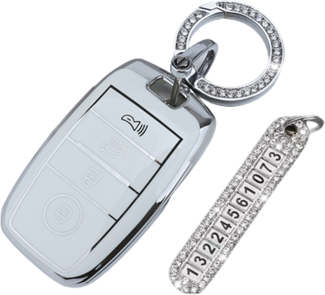 키에티 기아 K3 K5 쏘렌토 4버튼 차 키케이스 키홀더 + 분실방지 큐빅 전화번호판, 화이트실버라인