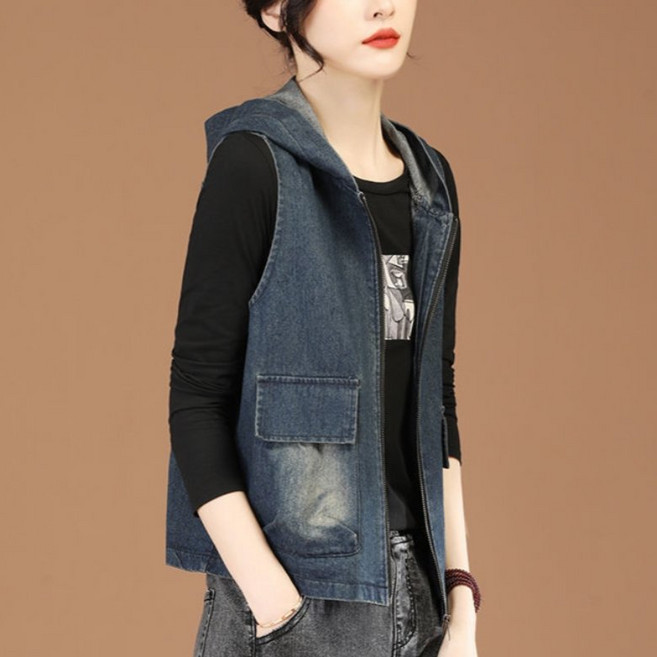 PEROLA 여성 가을 후드 나시 쇼트 데님 베스트 코트 루즈핏 캐주얼 바람막이 조끼 쇼트 외투