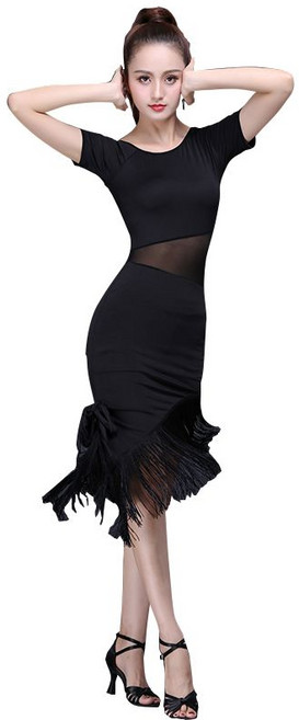 여성 성인 라틴 댄스복 원피스 수술 반팔 봄여름 망사 퍼포먼스 트레이닝복 댄스복