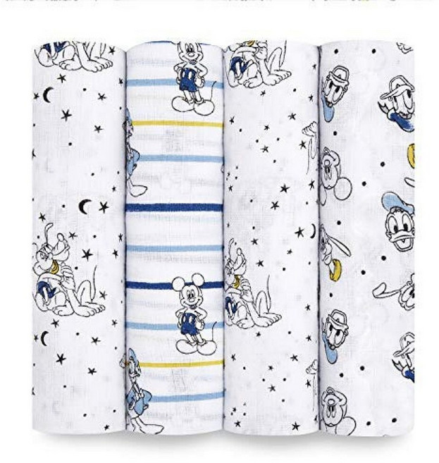 Aden + anais Essentials 면 모슬린 포대기 통기성 있는 아기 담요 남아 여아 신생아 및 에게 이상적 속싸개 부드럽고 가벼운 랩 4팩 알파벳 동, 미키 스타게이저