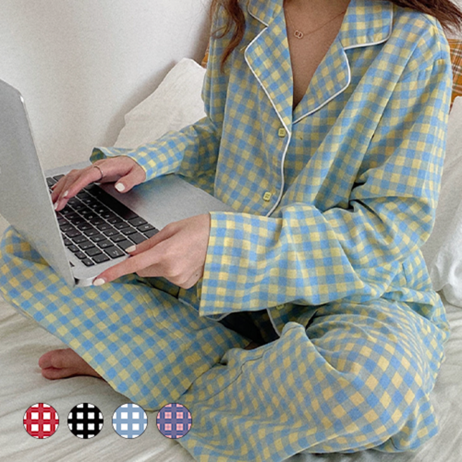 아르엘 여성용 깅엄 체크 파자마 세트