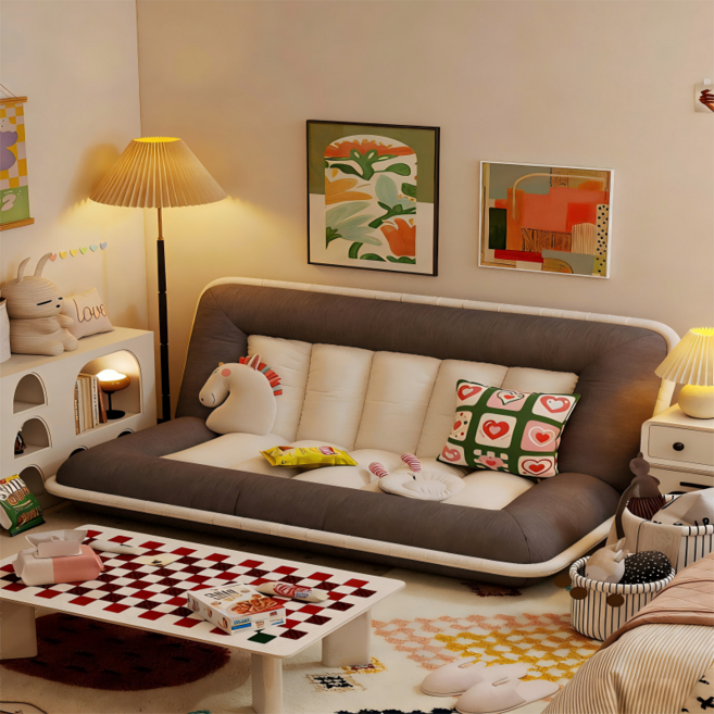 BYOU 접이식 소파베드 각도조절 멀티레벨 리클라이너 2인용 원룸 쇼파베드 쿠션세트 148*125cm, 크림화이트 + 딥그레이