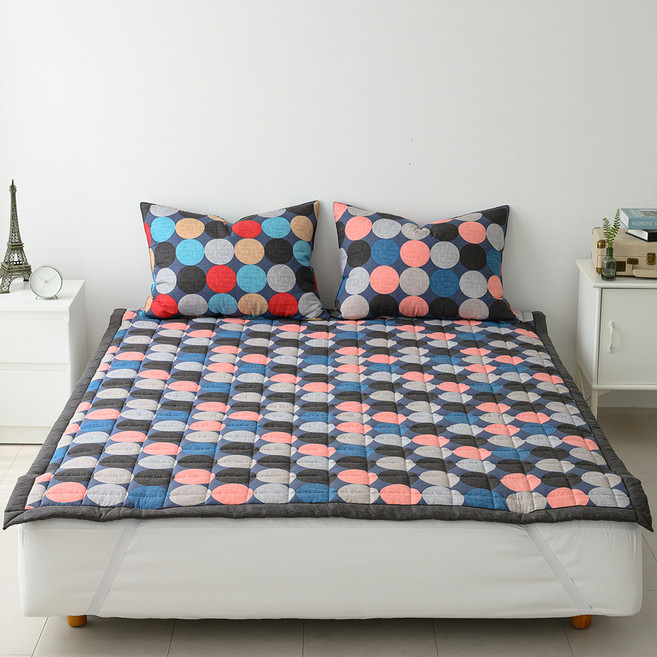 먼지없는 사계절 미끄럼방지 고정밴드 누빔 매직픽 침대패드, 라운드블루