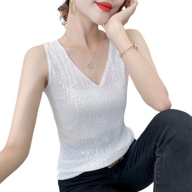 여성용 브이넥 스팽글 망사 나시 민소매 티셔츠 뉴타임즈NO82 Women's T-shirt