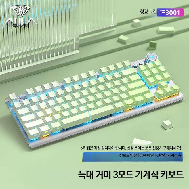 게이밍키보드 독거미 청축 축교환 무선 RGB 사무실 기계식 저소음 적축 앱코 일반형 AULA 유선 블루투스 갈축 블랙, 제조사축, 스트리머 그린-무선 3가지 모드 그린축, 스트리머 그린-무선 3가지 모드 그린축