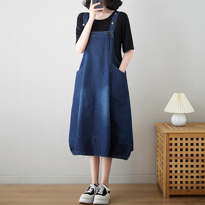 ZENCY 젠시 티아 워싱벌룬 데님 멜빵치마 여성청치마