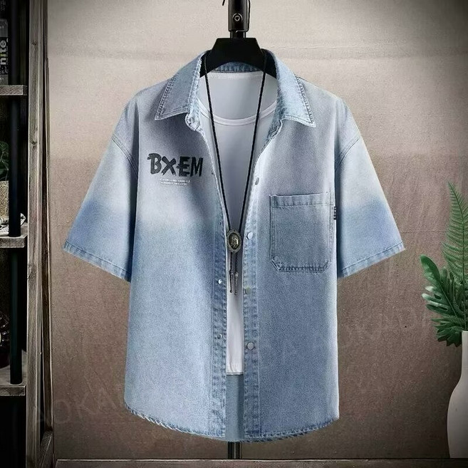 AOKADA 남성 여름 루즈핏 카라넥 그라데이션 레트링 데님 셔츠 캐주얼 남방 청남방