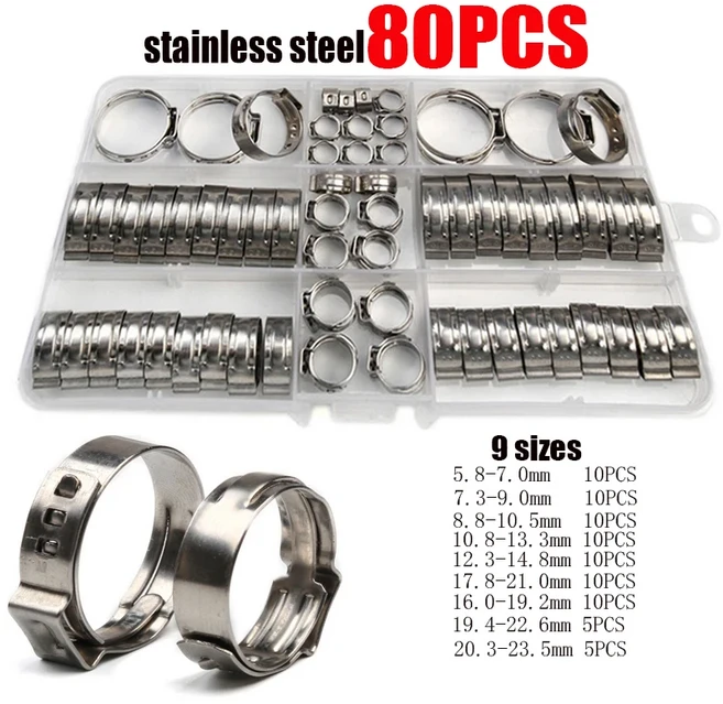 스테인레스 스틸 이어 스텝리스 클램프 웜 드라이브 연료 워터 파이프 클립 1 개 80 45, 05 80PCS