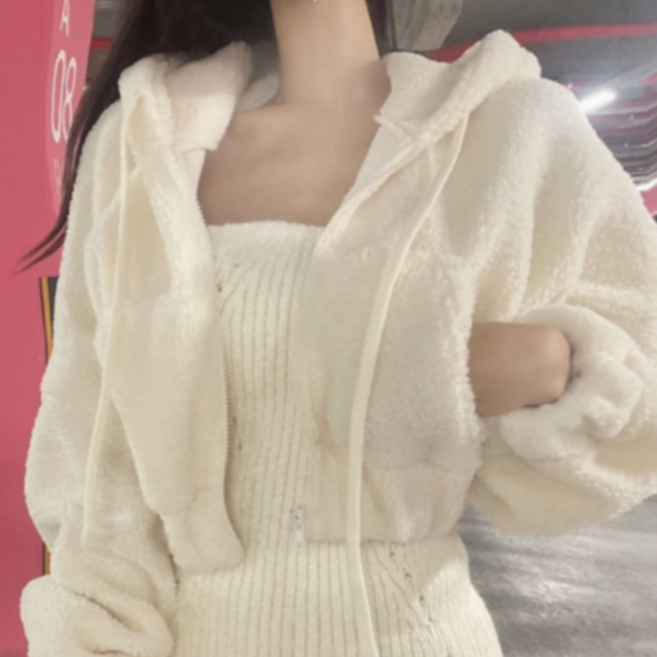 [엔젤D] 여성 슈가 크롭 숏 후리스 후드 집업 자켓