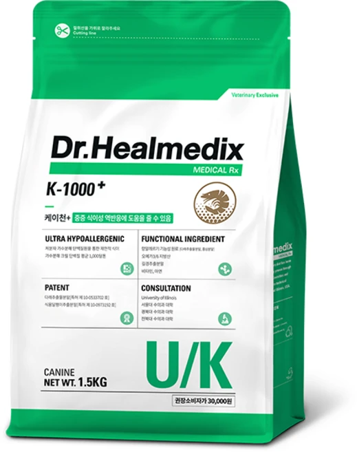 닥터힐메딕스 울트라 하이포알러제닉 K-1000 플러스 U/K 1.5kg 강아지 처방사료, 1개, 피부/피모+알러지 - 쿠팡