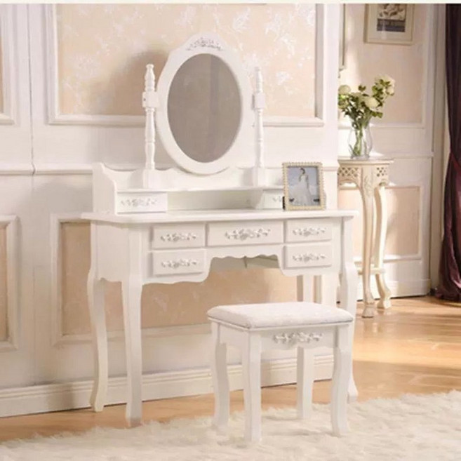 엔틱 화이트 화장대 클래식 의자 스툴 메이크업 클래식, 1x1x1cm, 7서랍 화장대 순백 90cm 의자 포함