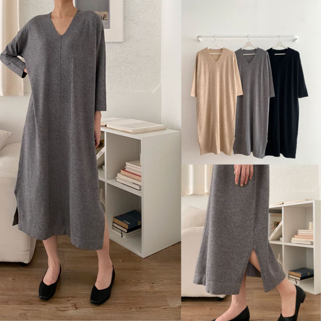 LionHu 여자 브이넥니트 모던 심플 데일리 민무늬 부드러운 롱원피스 LH-1-018