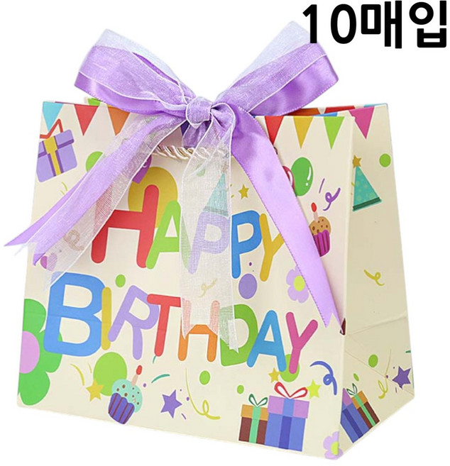 해피버스데이 리본 종이가방 생일축하 쇼핑백 생일선물가방, 10세트