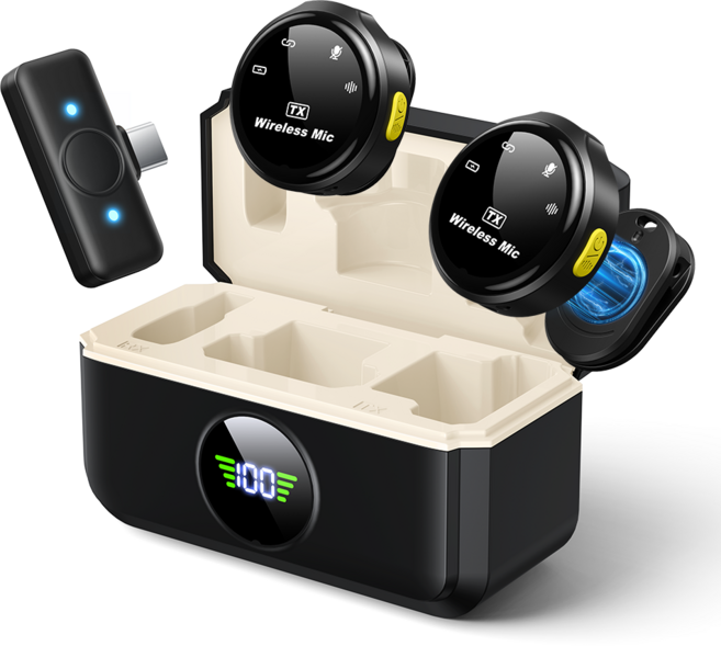 NICESUN 프로 무선 핀마이크 듀얼 충전 케이스 포함 휴대폰 마이크 유튜브 방송용 M10, 블랙, C타입