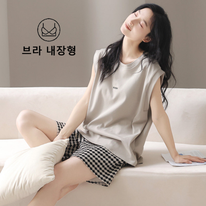 ANYOU 브라탑 일체형 여름 통기성 여성 잠옷 반팔 반바지 세트 방문객 대용 홈웨어