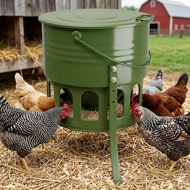 Metal Chicken Feeder No Waste - 20LB Large with 12 Ports & 4 Adjustable Heights Tripod Stand Auto, green
