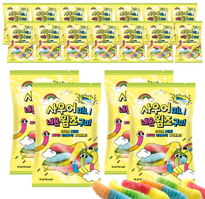 예이니식품 사우어 미니네온 웜즈 젤리 (50g) 위니비니사탕캔디, 50g, 18개