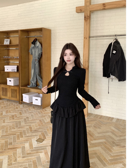 【氣質收腰】新中式旗袍 連衣裙 長裙 長袖連衣裙 旗袍裙 生日禮服 黑色絲絨 早秋新款 高級感設計 改良國風 宴會聚會, 黑色