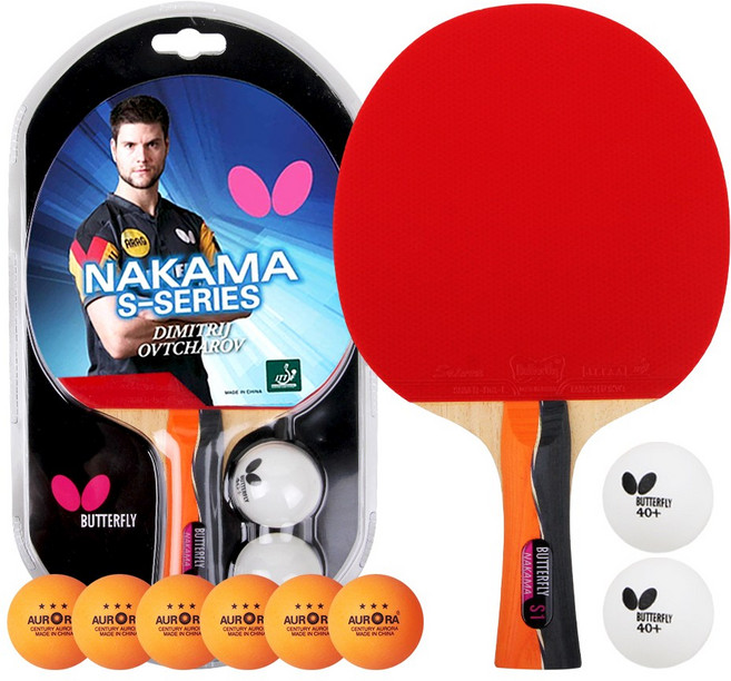 버터플라이 탁구라켓 양면 쉐이크 핸드 카본 NAKAMA S-1 + 오로라 탁구공, 1개