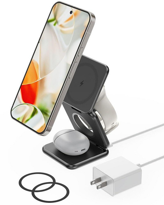 KU XIU 구글 픽셀 워치 3/2용 3 in 1 접이식 무선 충전기 10 프로 XL/10 폴드/10/9/8/7/6 프로용 마그네틱 충전 스테이션 버드용(픽셀 4/1용이 아, KU XIU 구글 픽셀 워치 3/2용 3 in 1 접이