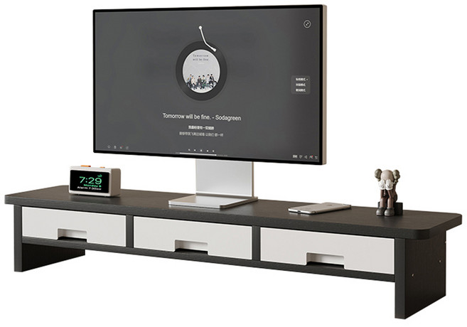 2단 수납형 모니터 받침대 3칸서랍 와이드 선반, 블랙