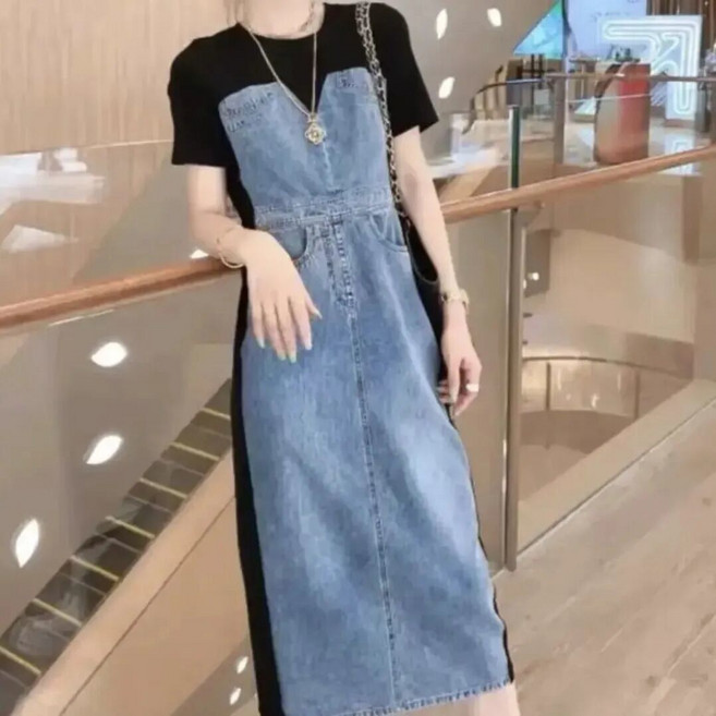 별후이 여성용 여름 빅사이즈 데일리 라운드넥 반팔 페이크 투피스 롱 데님 원피스 25hg08jj