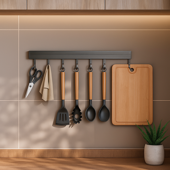 홈앤힐링 무타공 조리도구걸이 접착식 튼튼한 주방 정리대, 그레이 고리 6개, 1개