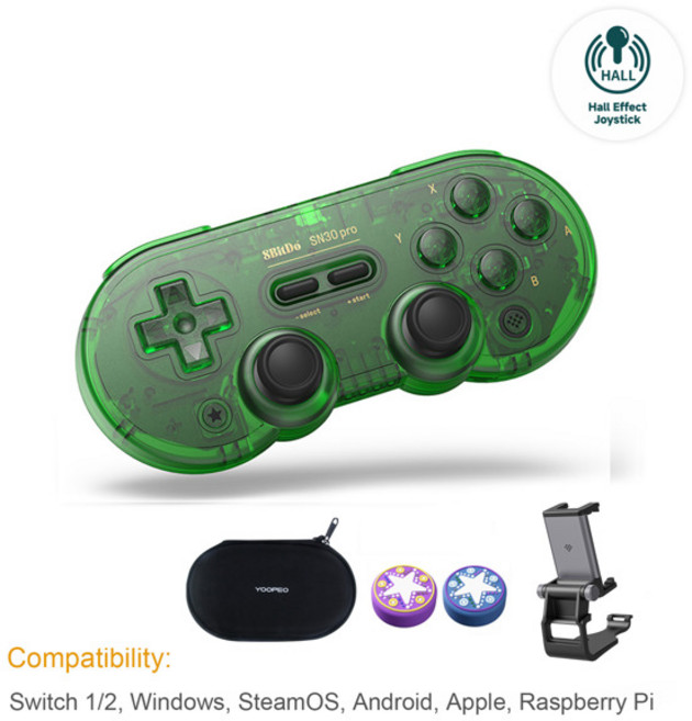8Bitdo SN30 Pro 블루투스 무선 게임 컨트롤러 홀 이펙트 탑재 스위치 2 MacOS 안드로이드 라즈베리 파이 윈도우 스팀 덱 호환, [01] SN30 PRO HALL, [03] Green Set
