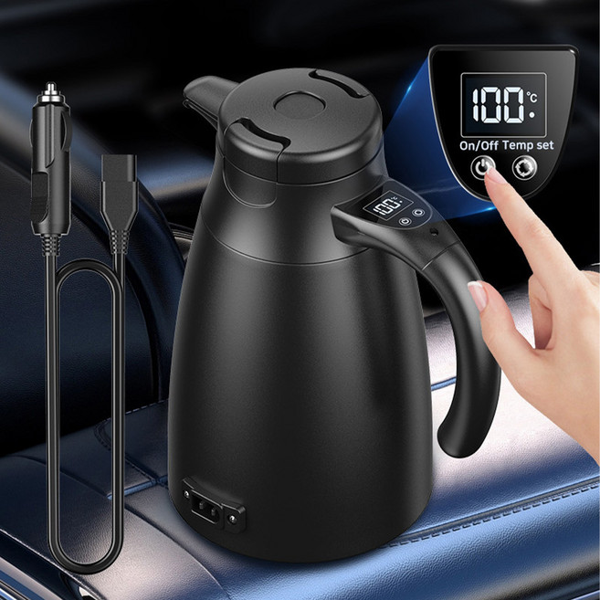 스마트 차량용 전기포트 12V/24V 겸용 1200ml 자동차 커피포트 차량용 텀블러, 블랙 세트